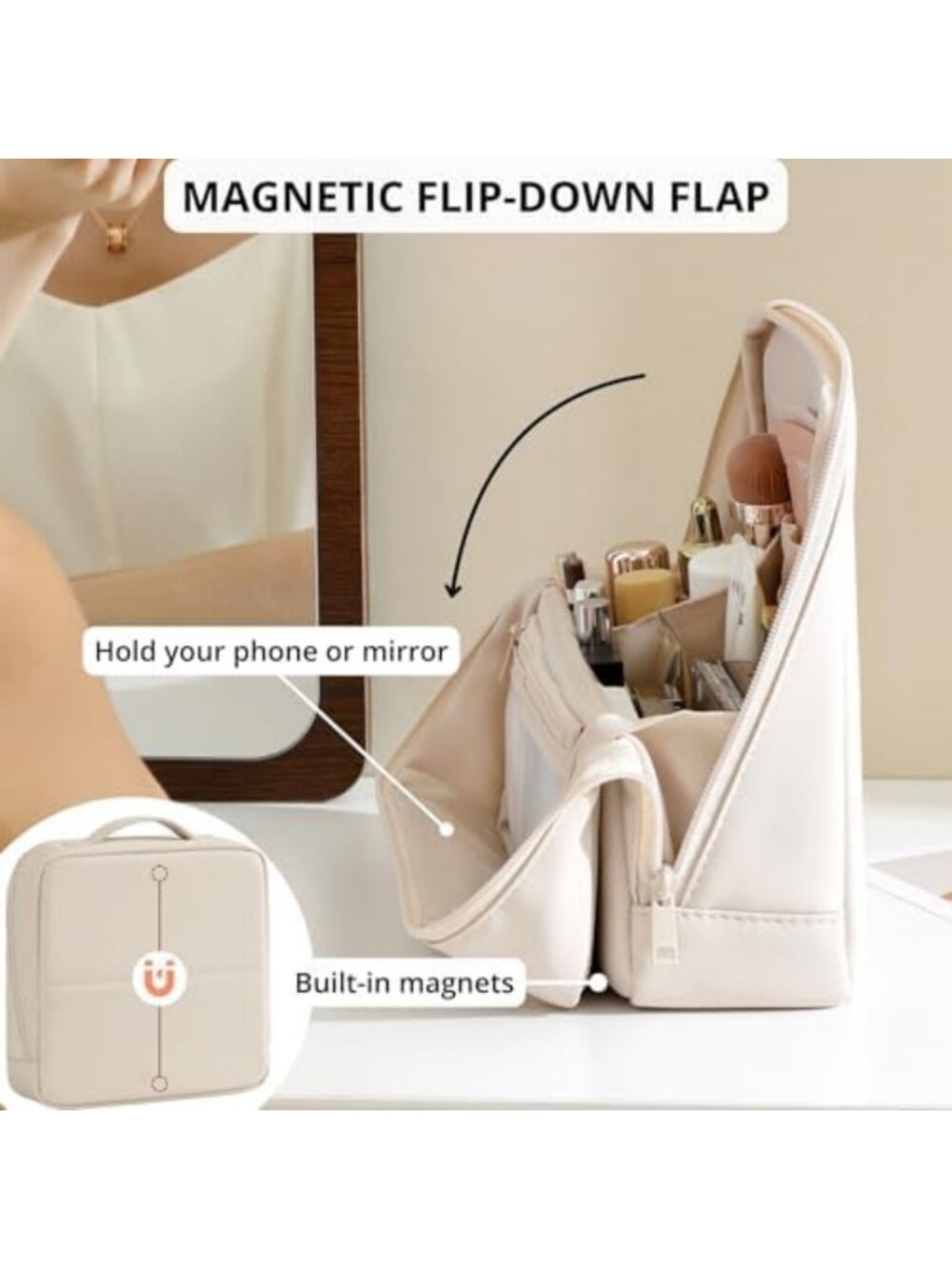 X-Large Waterproof Makeup Bag with Magnetic Flap, Multi-Zone Organizer, Dusty - Picture 3 of 6